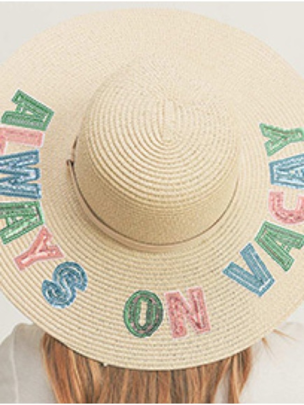 Embroidered Straw Sun Hat "Always On Vacation" - Natural with Pastel Letters